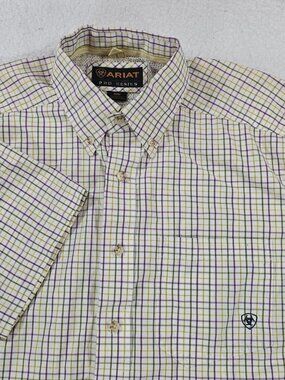 Ariat Pro Series Western Shirt Men's M Yellow Purple White Plaid Short Sleeve